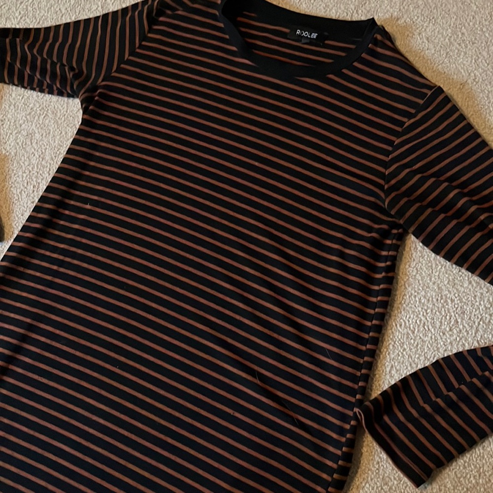 Roolee Black and Brown Striped Long-Sleeve Midi-Dress
